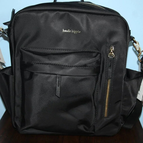 HAUTE HIPPIE Black On the Go Backpack Viral Decorative Beige Strap NWT